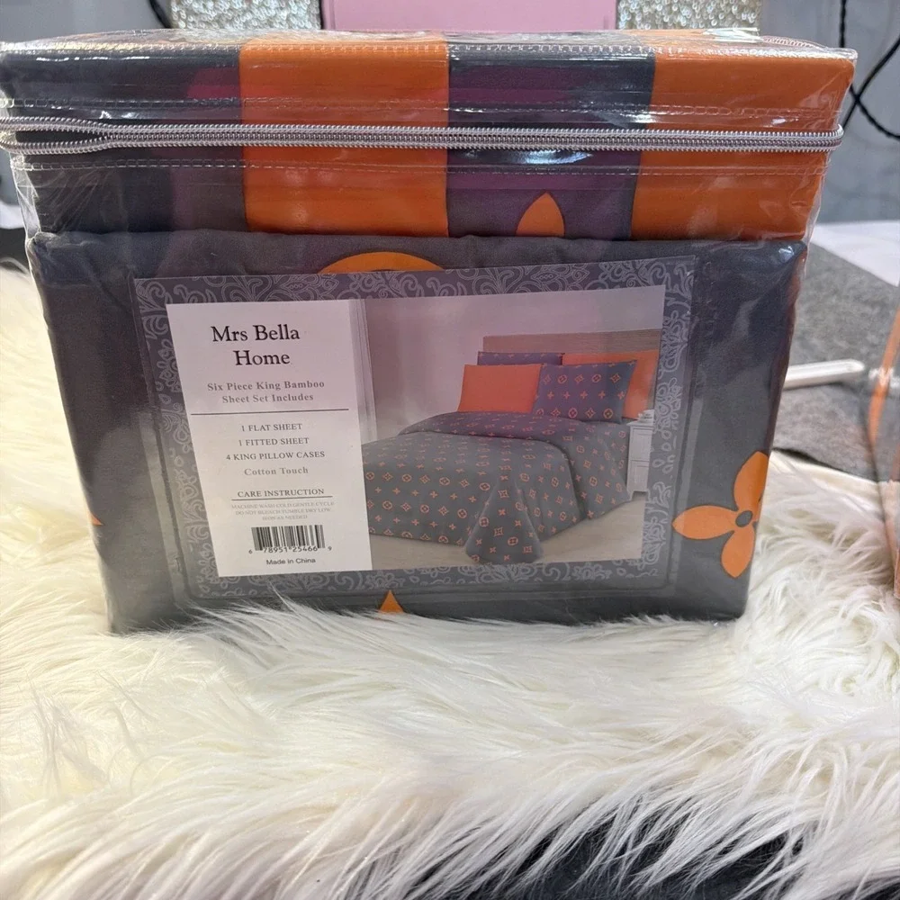 Bamboo KING SHEET SET Designer KING SHEET SET 6 PIECE SET NEW Grey And Orange